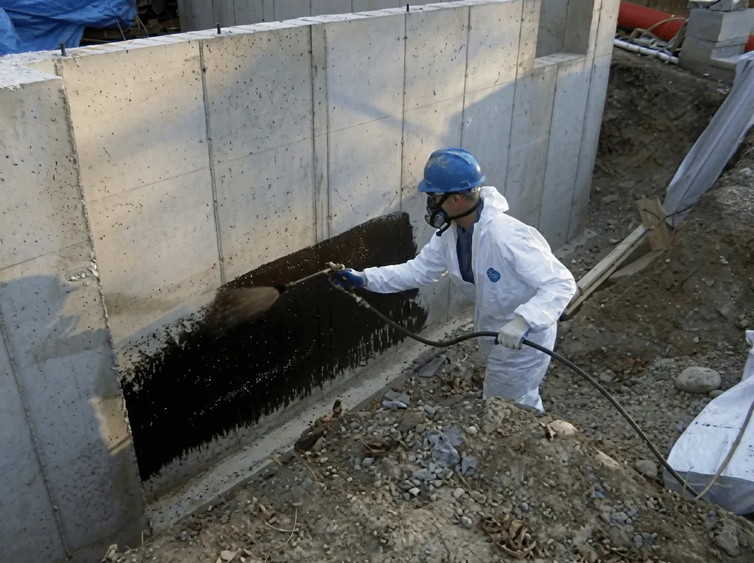 Professional waterproofing the exterior walls of the basement in Overland Park, KS